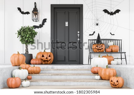 Carved pumpkins, bats and spiders on stairs and bench near modern house with black front door, tree in pot and white walls. Concept of halloween. 3d rendering