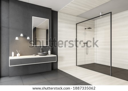 Grey and white bathroom with sink, mirror and drawers, shower with glass doors, side view. Minimalist design of modern bathroom with tiled floor 3D rendering, no people
