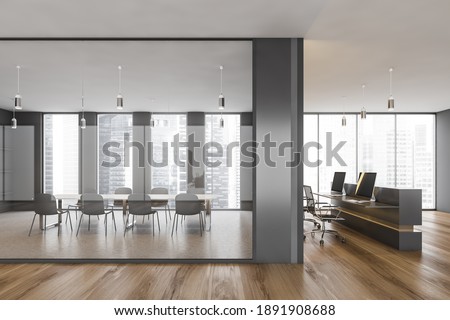 Office conference room with table and chairs, behind glass window. Minimalist meeting room and reception room with armchairs and computer, parquet floor 3D rendering no people