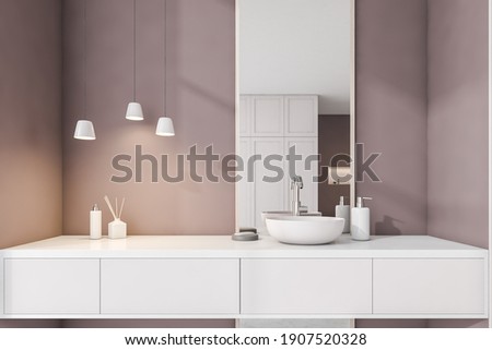 Brown and white bathroom with sink, mirror front view. Minimalist design of modern bathroom. 3D rendering, no people