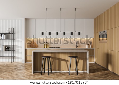Wooden kitchen room with dining table and bar chairs, parquet floor. Kitchen open space room with bookshelf, wooden light furniture, 3D rendering no people