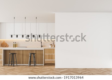 Mockup copy space in white and wooden kitchen room with table and two bar chairs, parquet floor. Kitchen open space room, wooden furniture, 3D rendering no people