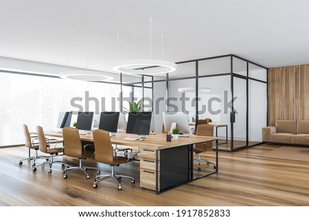 Wooden office room with armchairs and wooden table with computer on parquet floor, side view. Minimalist consulting business room, 3D rendering no people