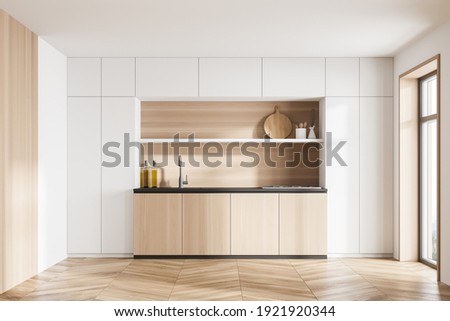 White and wooden kitchen set and deck with appliances, front view, window with sunlight. Wooden luxury kitchen on parquet floor, 3D rendering no people