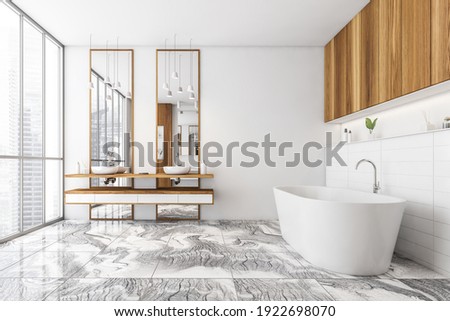 White and wooden bathroom with two sinks, white bathtub on tiled marble floor, side view. White stylish bathroom with shelf and window, 3D rendering no people
