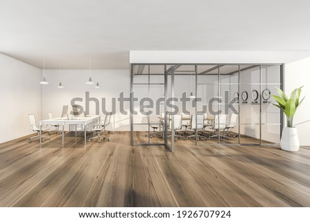 Wooden room with armchairs and tables with computers, clock on the wall. Minimalist furniture in open space room behind glass doors in business interior, 3D rendering no people