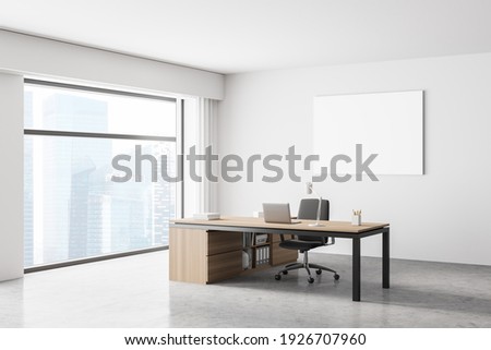 Modern office interior. White poster on wall. Mock up. CEO desk. City view, panoramic window. 3d rendering.