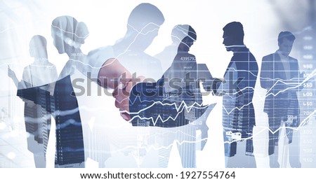 Double exposure of businessman and businesswoman handshake on stock market graph background and New York downtown. Concept financial transaction and deal processing.