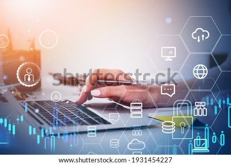 Office woman hand with pen and laptop, double exposure with network icons and blue graphs. Manager in global communication network and personal information
