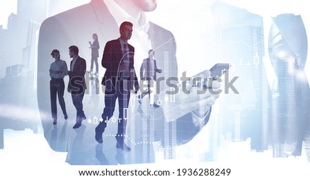 Business People working together, analysts trying to predict stock market behavior. CEO in front view holding a cup of coffee, concept of lunch time and break.Moscow on background. Double exposure
