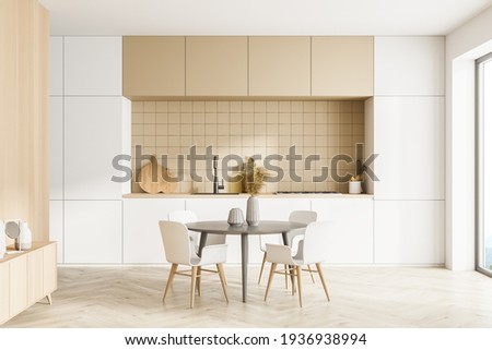 Modern kitchen interior, dining area with panoramic windows. Furnished by table and chairs for eating, wooden sideboard. Parquet floor. 3d rendering.
