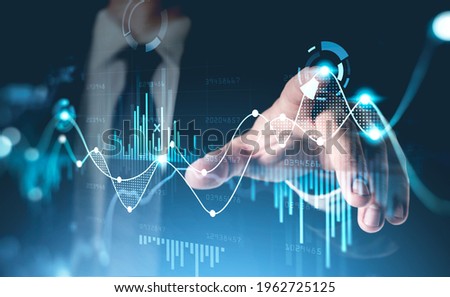 Office man finger touch hud, virtual screen with stock market changes, business candlesticks graph chart. Double exposure of blue and white lines, growing numbers, online trading