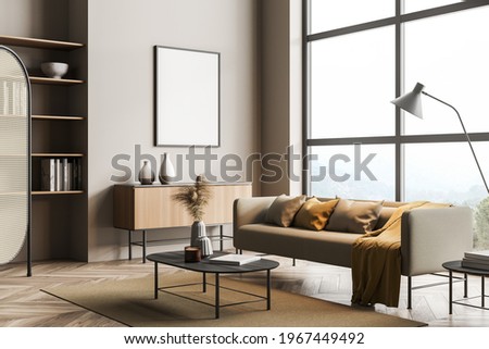Living room interior with couch and lamp, bookshelf rack and drawer with decoration, minimalist reading room on parquet floor, window with countryside. Mockup copy space frame, 3D rendering