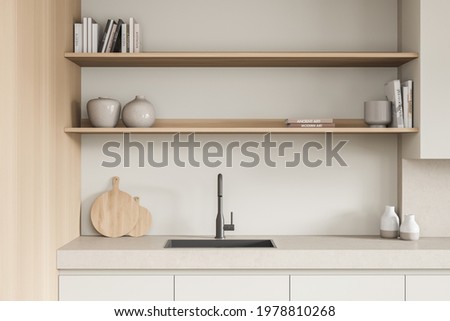 Beige kitchen interior, minimalist modern cooking room with appliances and decoration. Kitchen sink with art books stand and cutting board, 3D rendering no people