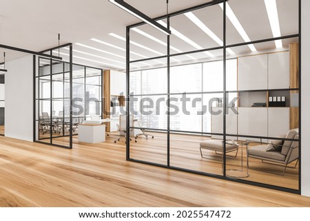 CEO office interior with black frame glass wall partitions, LED linear lights, two on trend cabinets, office desk and comfy waiting area. A concept of modern panoramic office building. 3d rendering