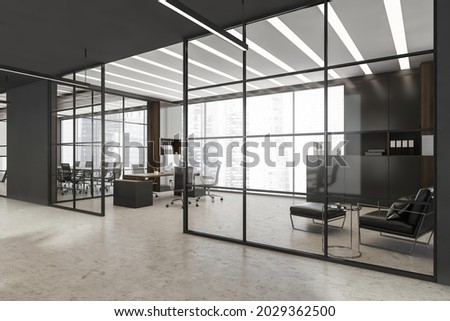 CEO office interior with glass black framed wall partitions, LED linear lights, two on trend cabinets, office desk and comfy waiting area. A concept of modern panoramic office building. 3d rendering ストックフォト © 