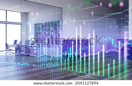 Modern office room interior with desks, armchairs, panoramic window, shelves, oak wooden floor. Forex candlestick and finanical chart, graph and bar diagram in the foreground. Contemporary workplace Imagine de stoc © 