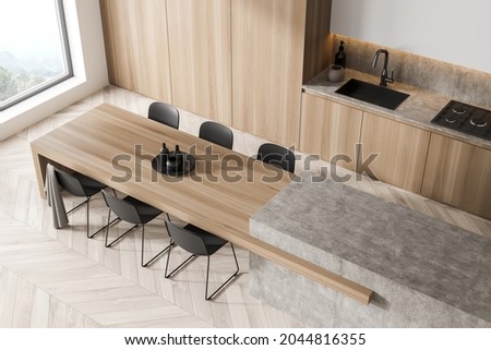Image, Stock Photo Corner of stylish kitchen with white and brick walls, wooden floor, wooden countertops
