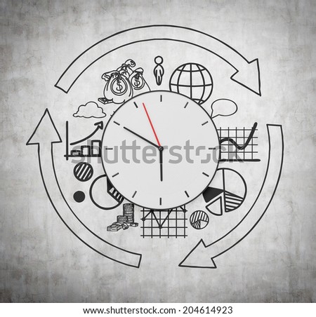 Clock and business development concept, clock arrows and different stages of business development.