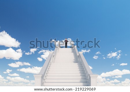 Image of confident businessman with briefcase walking upstairs to the sky.