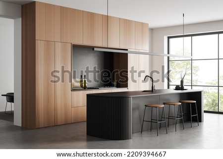 Similar – Image, Stock Photo Corner of stylish kitchen with white and brick walls, wooden floor, wooden countertops