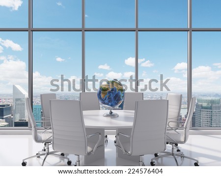 Conference room. Modern office with windows and city view.  Elements of this image furnished by NASA