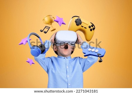 Similar – Image, Stock Photo Boy with virtual reality glasses on colorful background. Future technology, VR concept