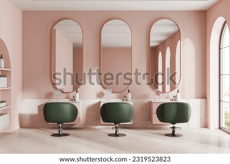 Image, Stock Photo Pink row of chairs in front of a pink wall