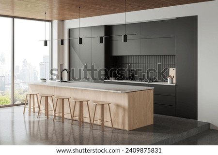Similar – Image, Stock Photo Corner of stylish kitchen with white and brick walls, wooden floor, wooden countertops