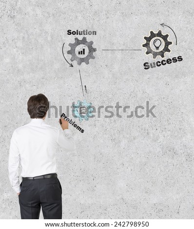 businessman in room drawing cogwheel  on wall, success concept
