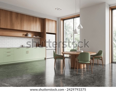 Similar – Image, Stock Photo Corner of stylish kitchen with white and brick walls, wooden floor, wooden countertops