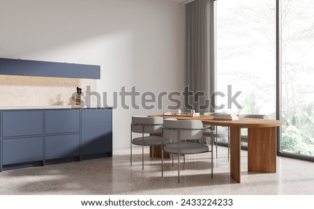 Similar – Image, Stock Photo Corner of stylish kitchen with white and brick walls, wooden floor, wooden countertops