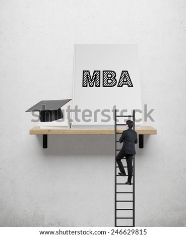 Businessman climbs the stairs on shelf, mba concept