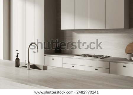 Similar – Image, Stock Photo Corner of stylish kitchen with white and brick walls, wooden floor, wooden countertops