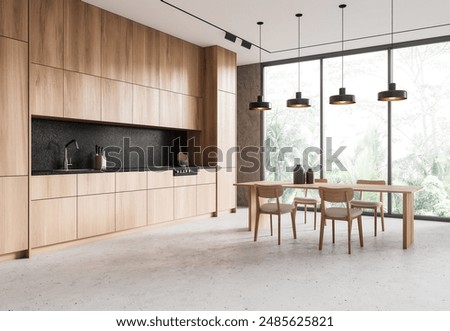 Similar – Image, Stock Photo Corner of stylish kitchen with white and brick walls, wooden floor, wooden countertops