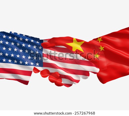 China and US flags with a handshake on a white background