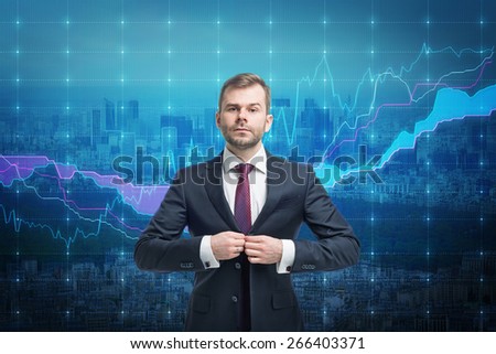 Trader businessman stand over stock market screen