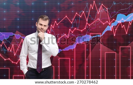 Trader is standing in front of the forex graph. A metaphor of international financial consulting. Red background.