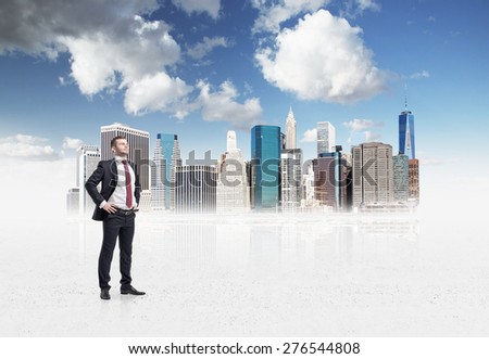 Confident handsome businessman is going to tackle with problems in drawn New York business district. A concept of financial consultancy.