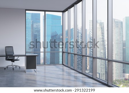 A workplace in a modern corner panoramic office in Singapore. A concept of financial consulting services. 3D interior.