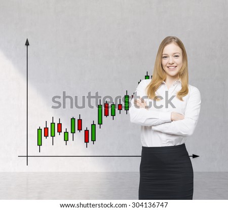 A smiling beautiful trader and forex chart with candles. A concept of prosperous portfolio manager.