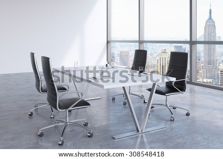 Modern meeting room with huge windows looking at the New York City, Manhattan. Black leather chairs and a white table with legal pads on it. 3D rendering.