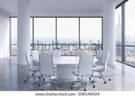 Panoramic conference room in modern office in New York City. White chairs and a white round table. 3D rendering.