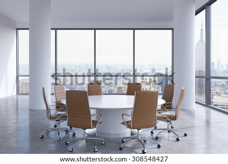 Panoramic conference room in modern office in New York City. Brown leather chairs and a white round table. 3D rendering.