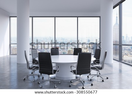 Panoramic conference room in modern office, New York City view. Black chairs and a white round table. 3D rendering.