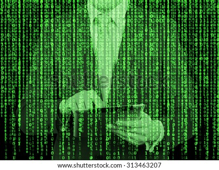 Digital hologram in a matrix style. A man with tablet is browsing data in the Internet. Green.