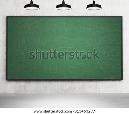 A stylish room with green chalkboard on the concrete wall and three ceiling lights. Class room. 3D rendering.
