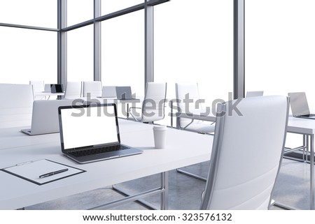 Workplaces in a modern corner panoramic office, copy space in the windows. Open space. White tables and white chairs. A laptop with a white display, notepad and a coffee cup. 3D rendering.