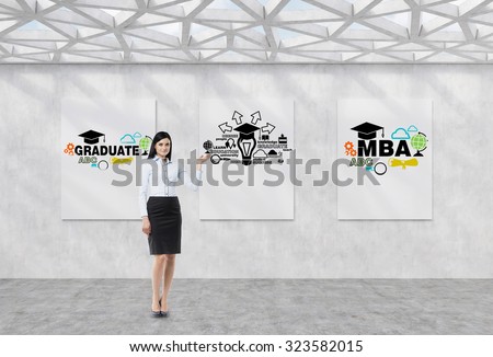 Full length brunette girl in a formal clothes is pointing out the whiteboard with possible paths of further education. The concept of the MBA degree. Contemporary exhibition space.