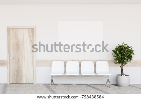 White hospital lobby with a door and white chairs for patients waiting for the doctor visit. A poster. 3d rendering mock up Foto stock © 